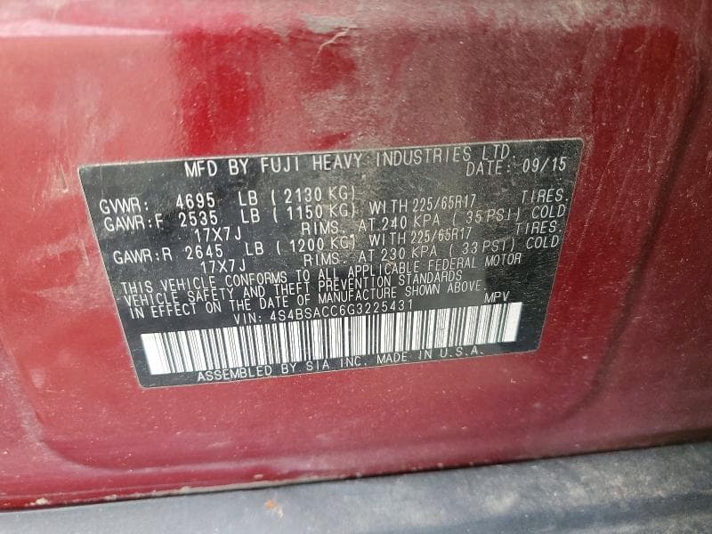 2016 SUBARU OUTBACK 2.5I PREMIUM 2.5I PREMIUM 12