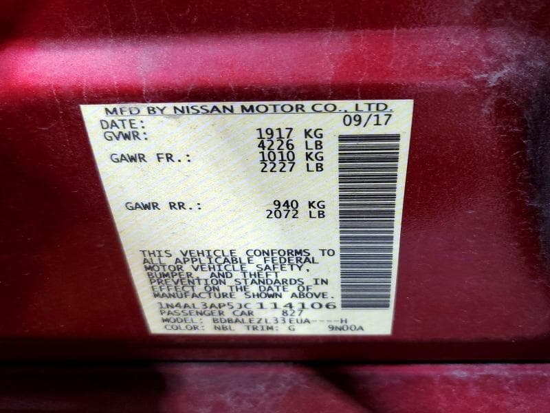 2018 NISSAN ALTIMA 2.5 S 2.5 S 12