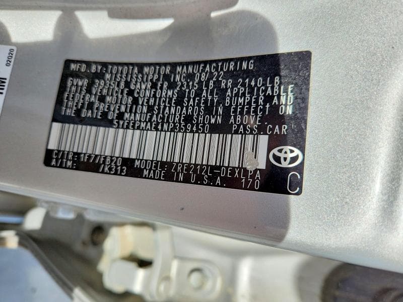 2022 TOYOTA COROLLA LE 12