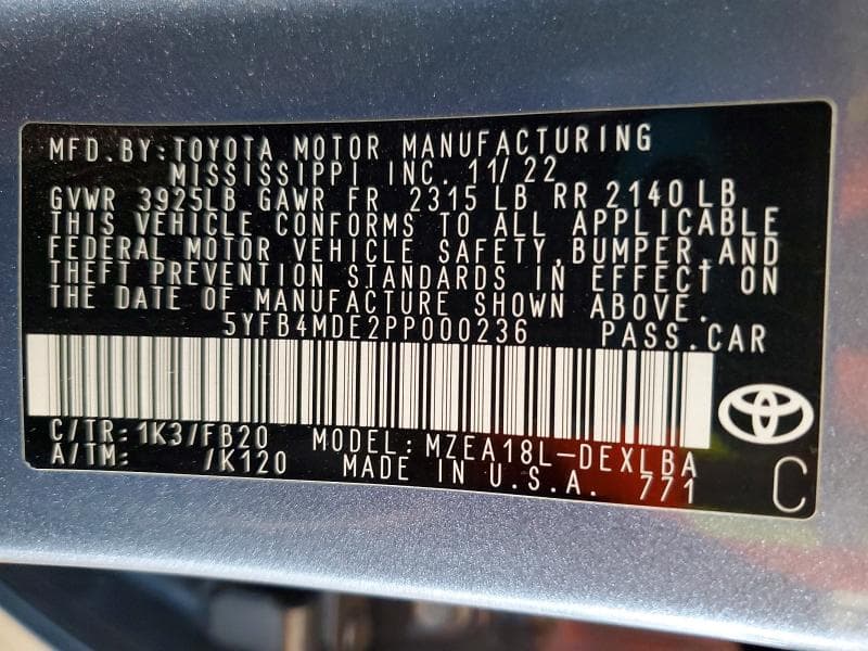 2023 TOYOTA COROLLA LE 12