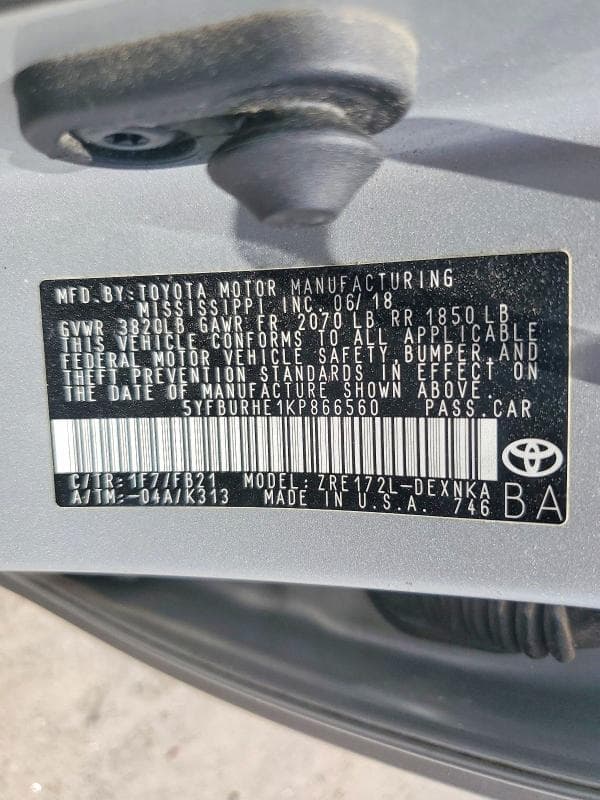 2019 TOYOTA COROLLA LE LE 12