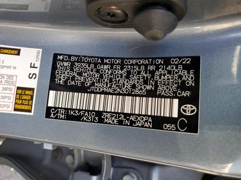 2022 TOYOTA COROLLA L L 12