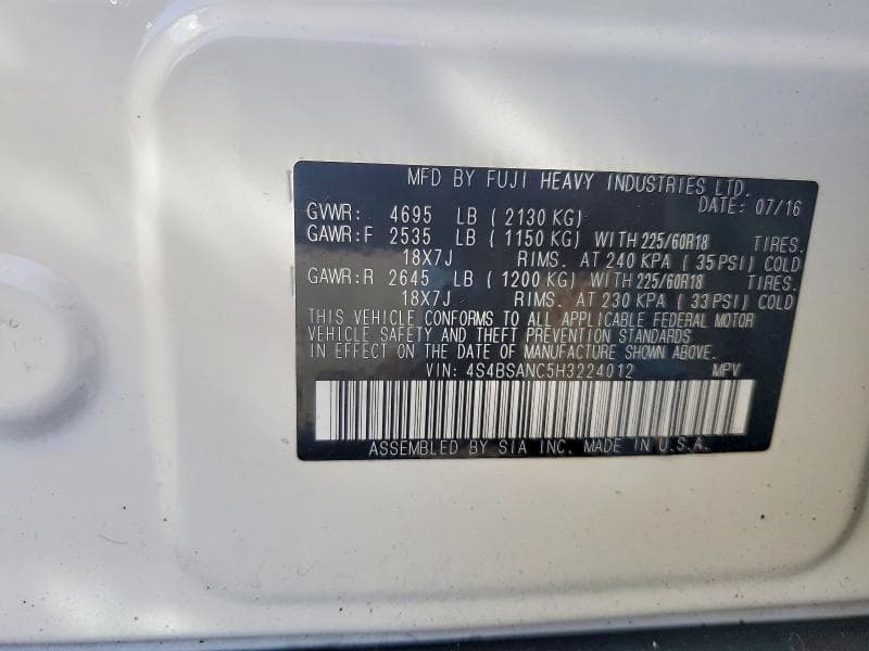 2017 SUBARU OUTBACK 2.5I LIMITED 12