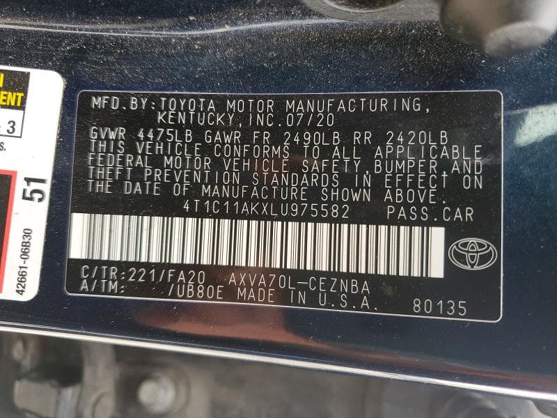 2020 TOYOTA CAMRY LE LE 12