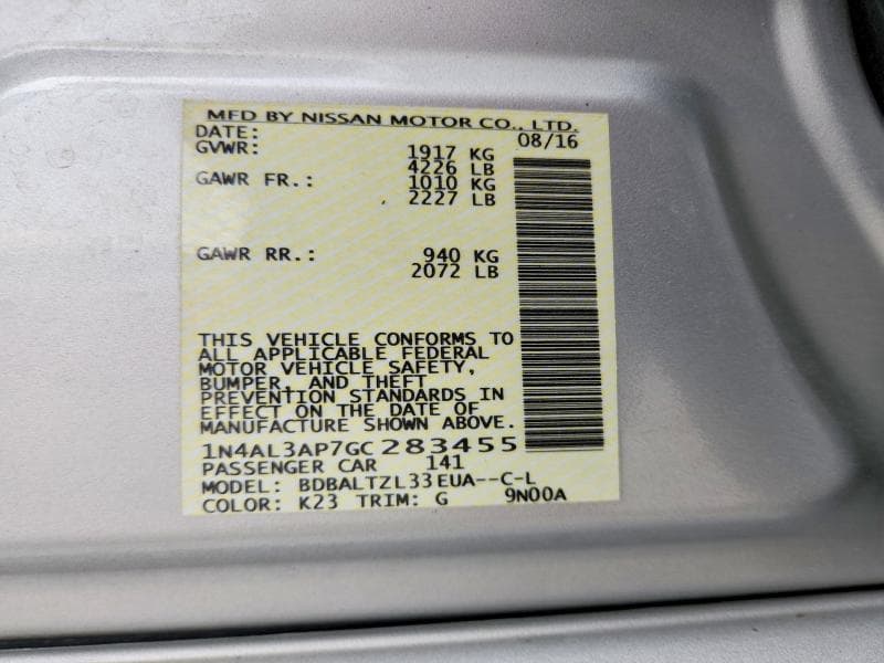 2016 NISSAN ALTIMA 2.5 SL 2.5 SL 12