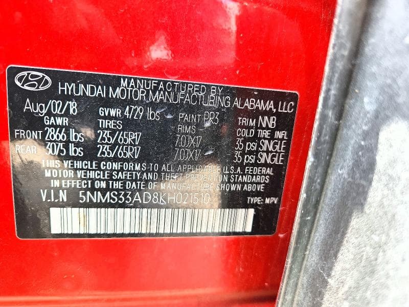 2019 HYUNDAI SANTA FE SEL 2.4L 14