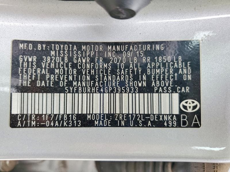 2016 TOYOTA COROLLA LE 12