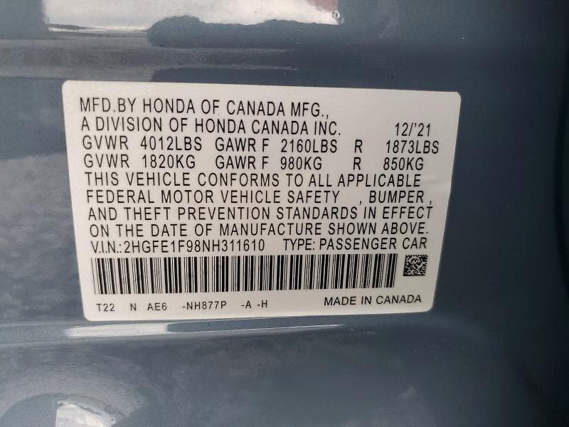 2022 HONDA CIVIC TOURING TOURING 12