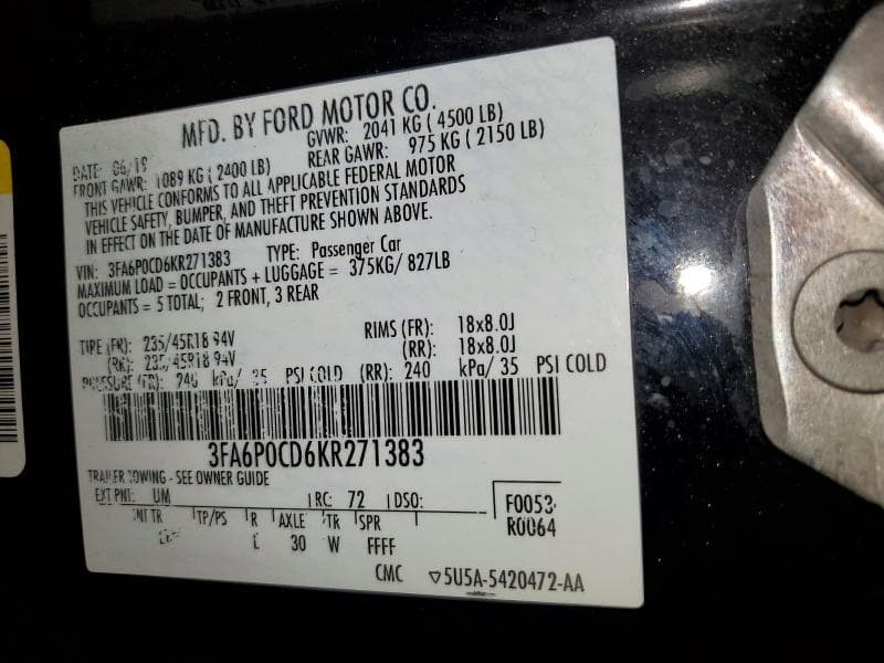 2019 FORD FUSION SEL SEL 12