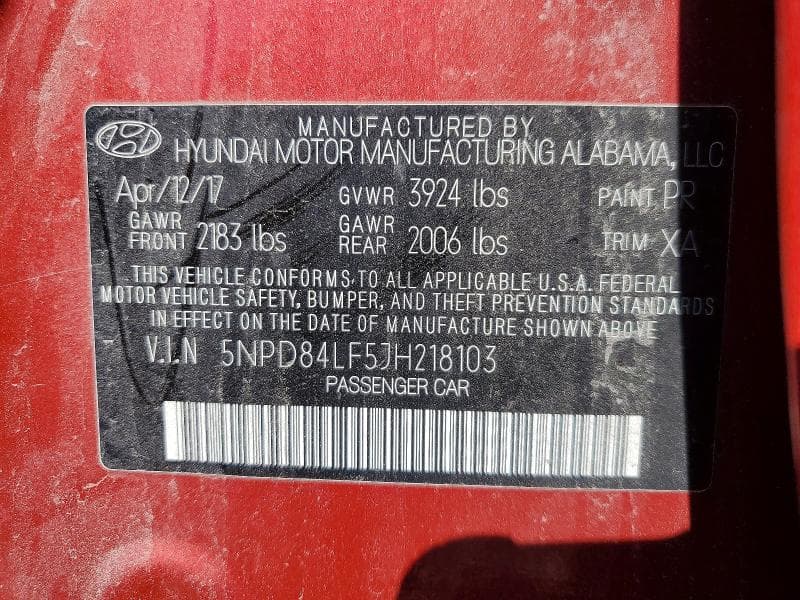 2018 HYUNDAI ELANTRA SEL SEL 12