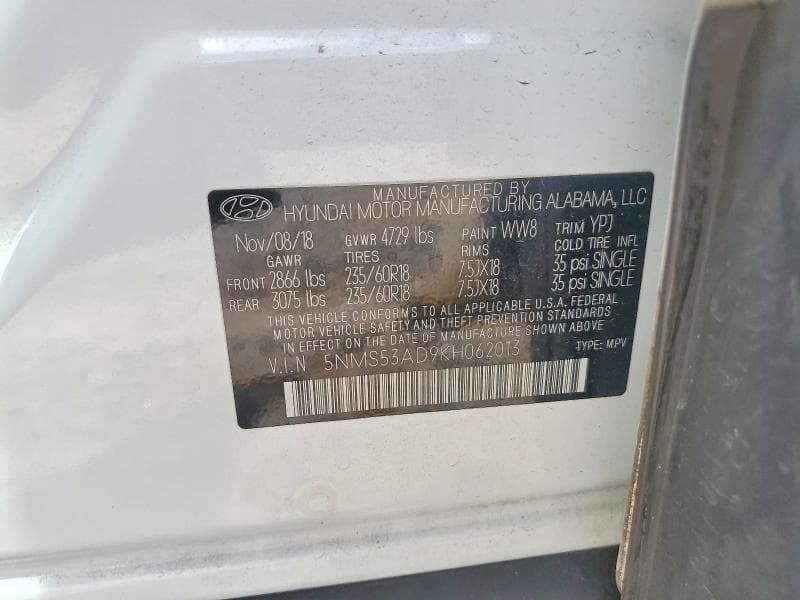 2019 HYUNDAI SANTA FE LIMITED 2.4L LIMITED 2.4L 12