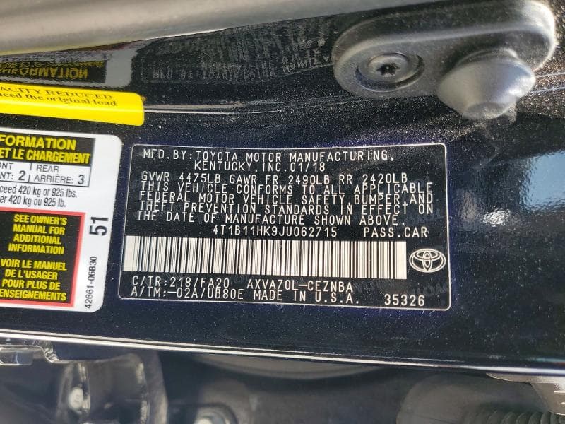 2018 TOYOTA CAMRY LE 12