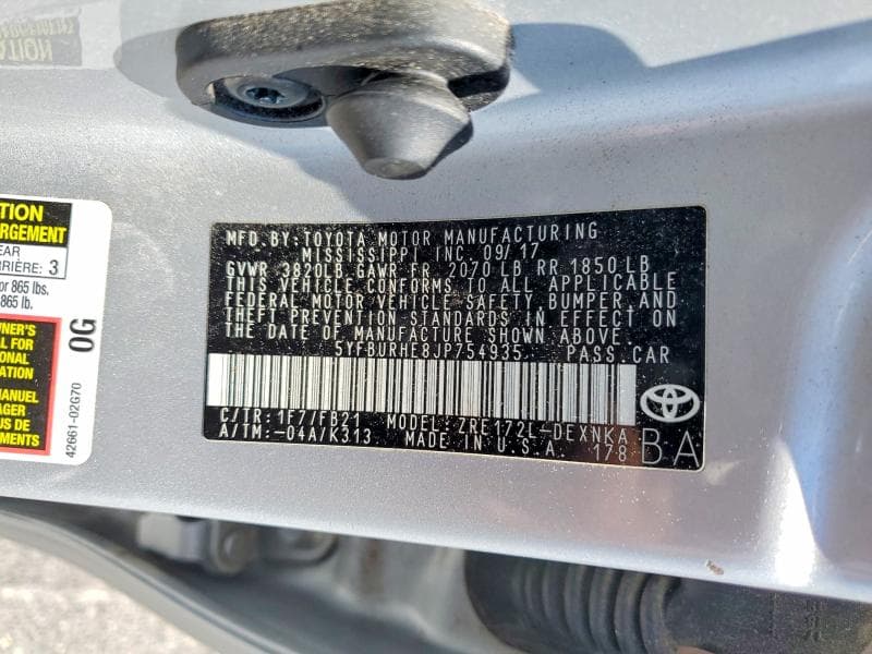 2018 TOYOTA COROLLA LE LE 12