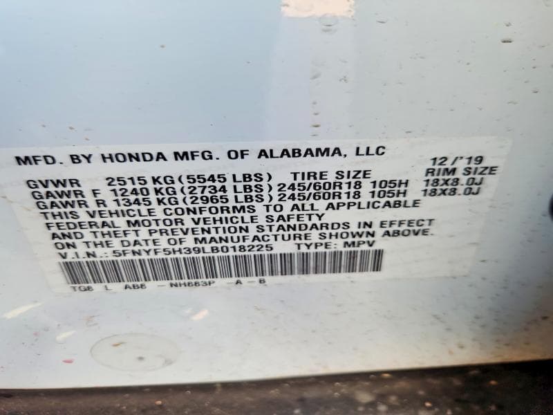 2020 HONDA PILOT EX 12