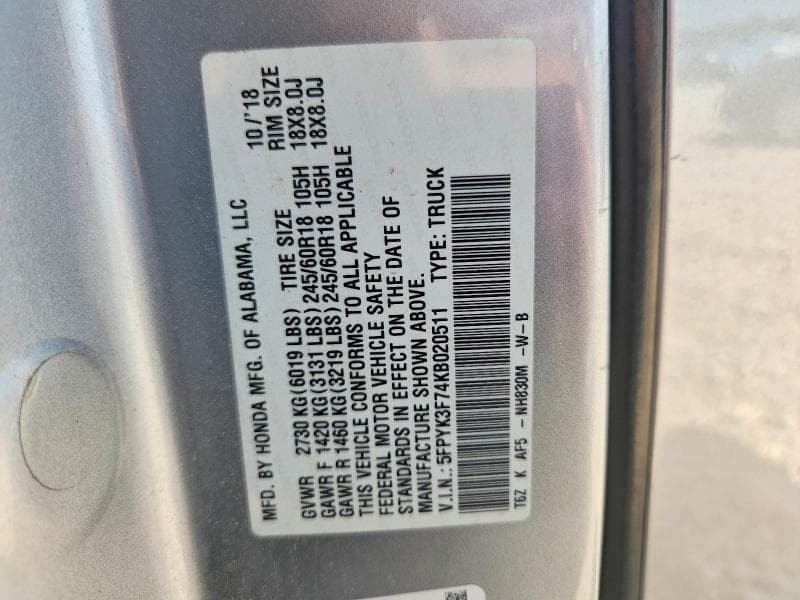 2019 HONDA RIDGELINE RTL 12