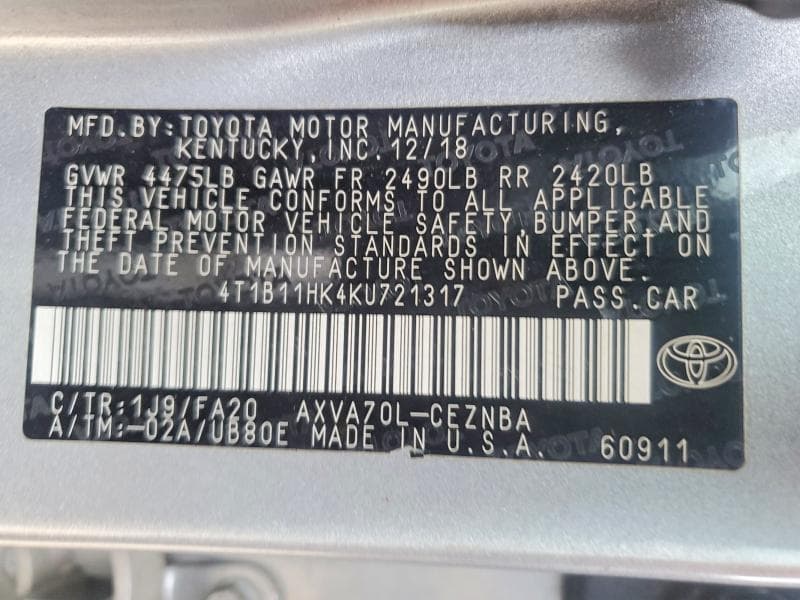 2019 TOYOTA CAMRY LE LE 12