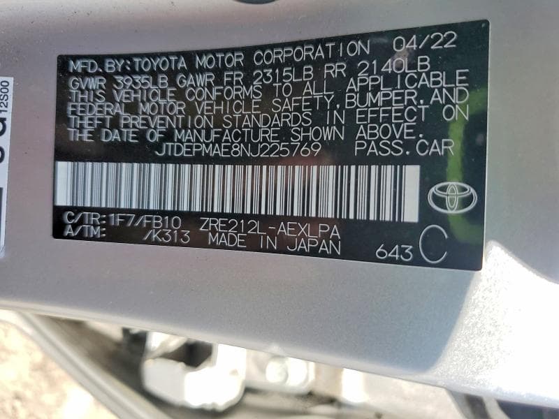 2022 TOYOTA COROLLA LE LE 12