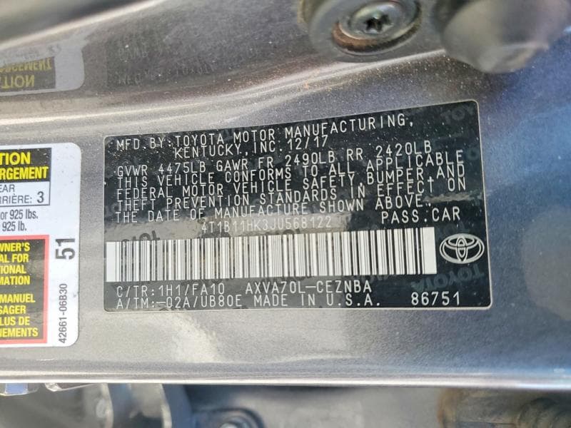 2018 TOYOTA CAMRY LE 12
