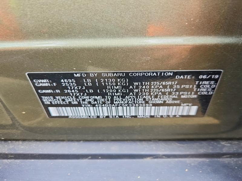 2019 SUBARU OUTBACK 2.5I PREMIUM 12
