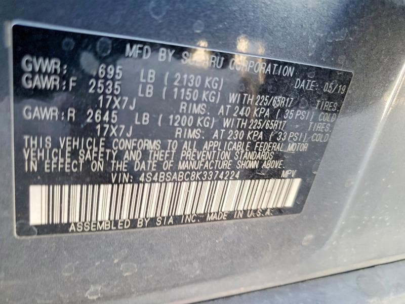 2019 SUBARU OUTBACK 2.5I 13