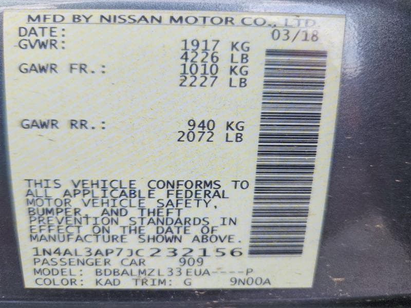2018 NISSAN ALTIMA 2.5 SV 2.5 SV 12