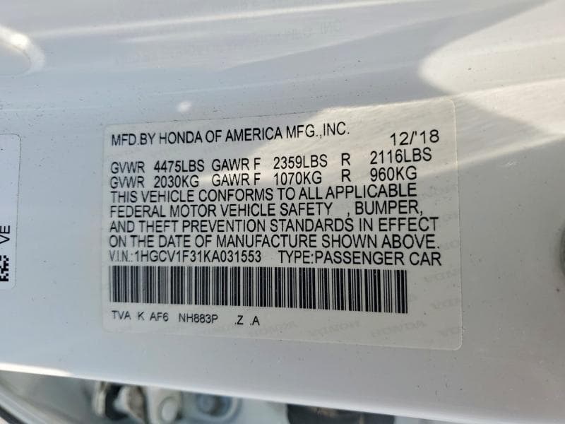 2019 HONDA ACCORD 12