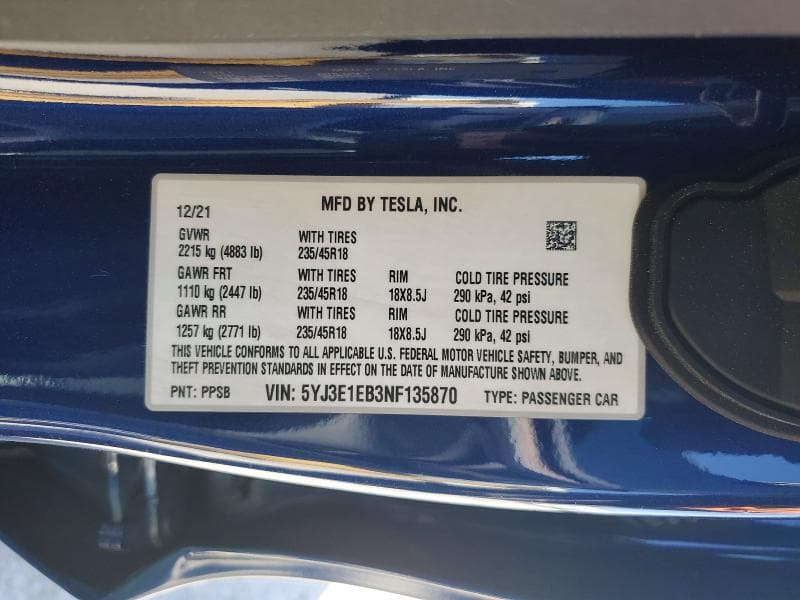 2022 TESLA MODEL 3 12