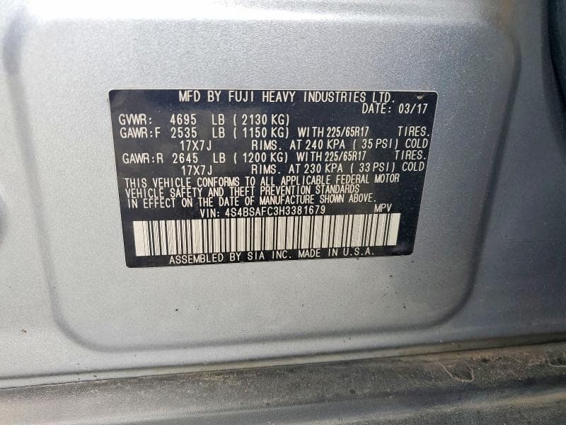 2017 SUBARU OUTBACK 2.5I PREMIUM 12