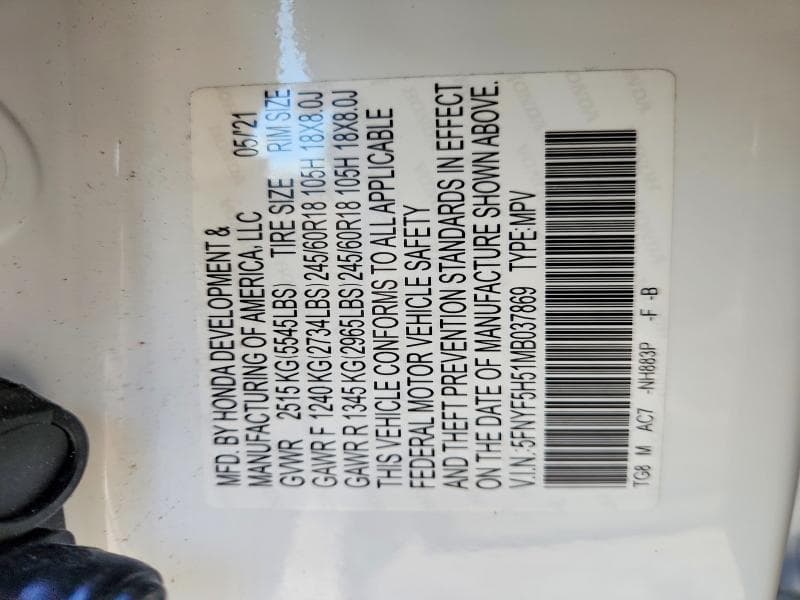 2021 HONDA PILOT EXL 12
