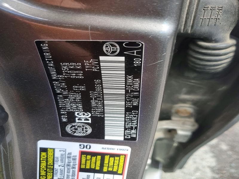 2018 TOYOTA COROLLA L L 12