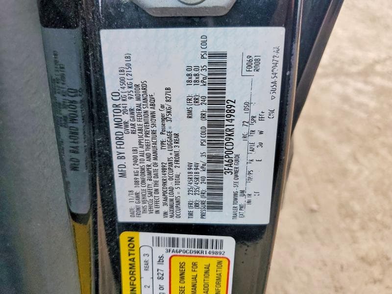 2019 FORD FUSION SEL 12