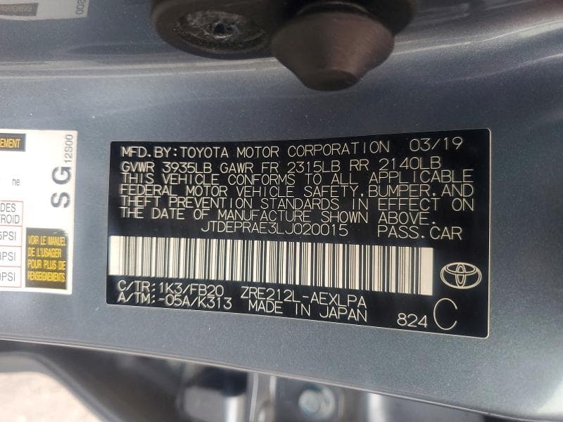 2020 TOYOTA COROLLA LE LE 12