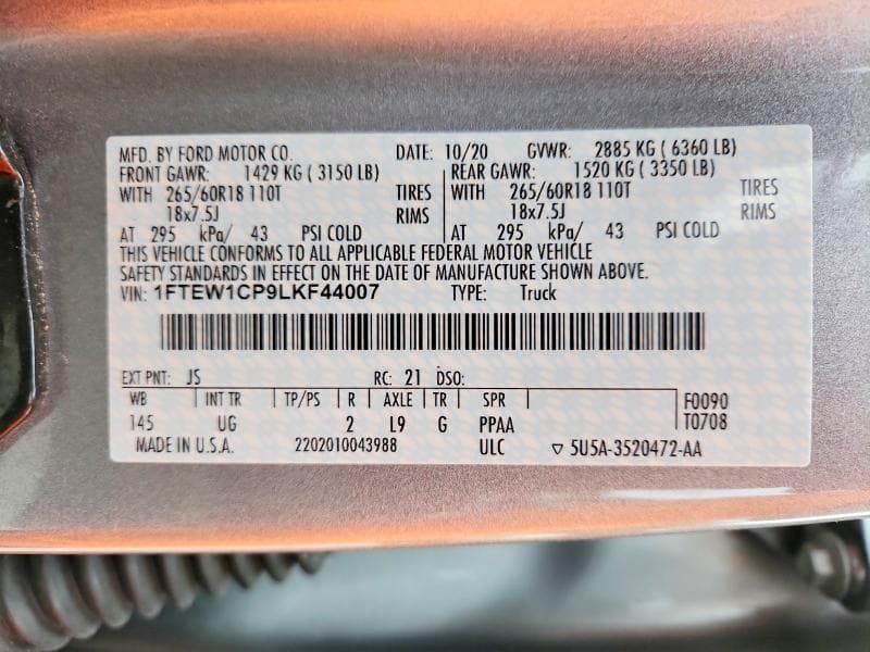 2020 FORD F150 SUPERCREW SUPERCREW 12
