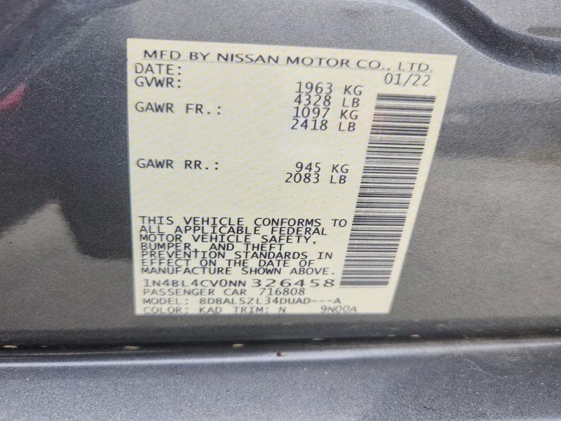 2022 NISSAN ALTIMA SR SR 12