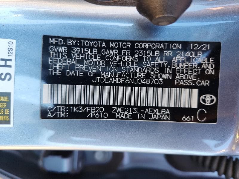 2022 TOYOTA COROLLA LE 12