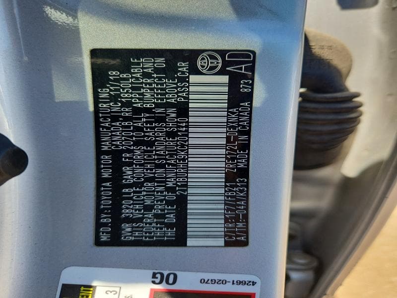 2019 TOYOTA COROLLA LE LE 12