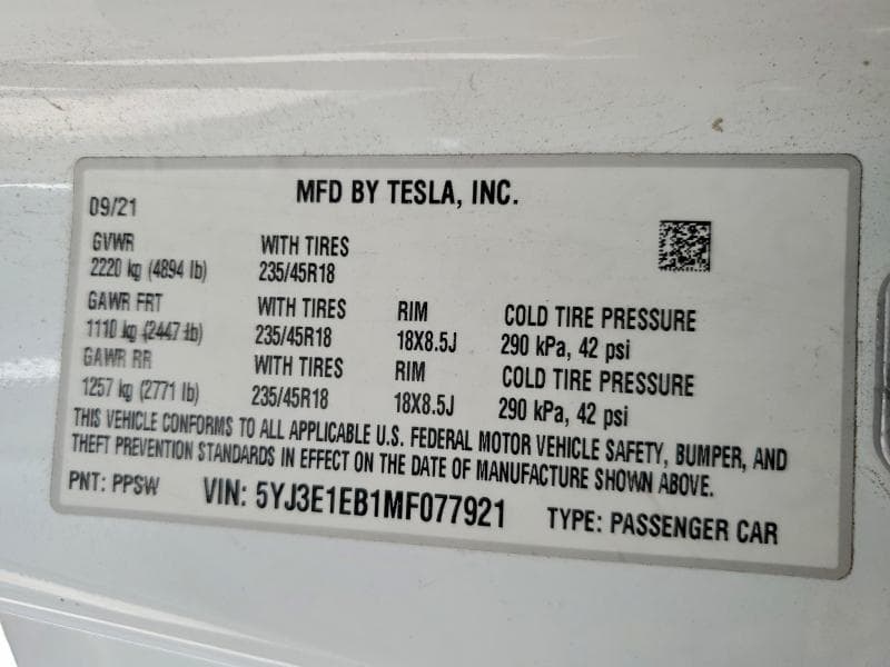 2021 TESLA MODEL 3 12