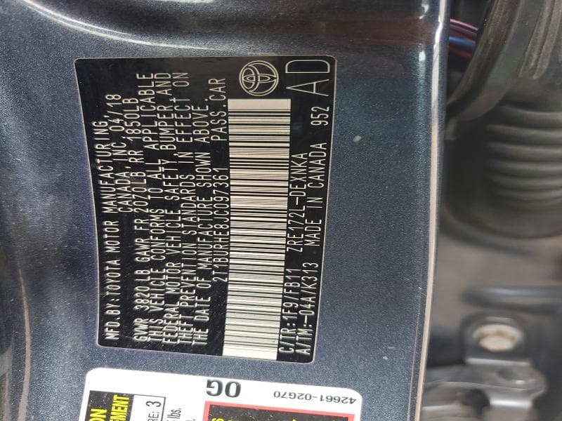 2018 TOYOTA COROLLA LE 12