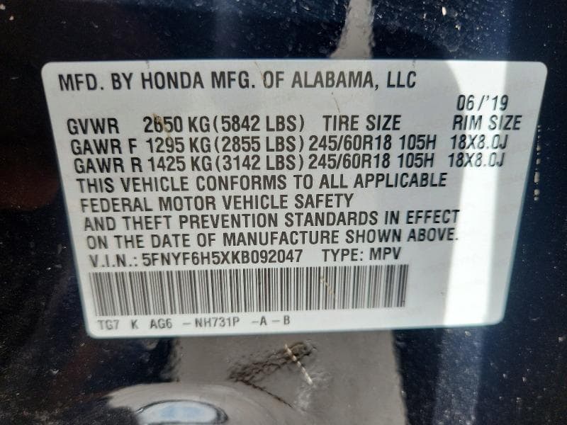2019 HONDA PILOT EXL EXL 12