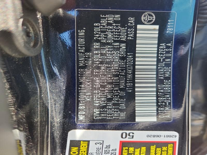 2019 TOYOTA CAMRY L 12