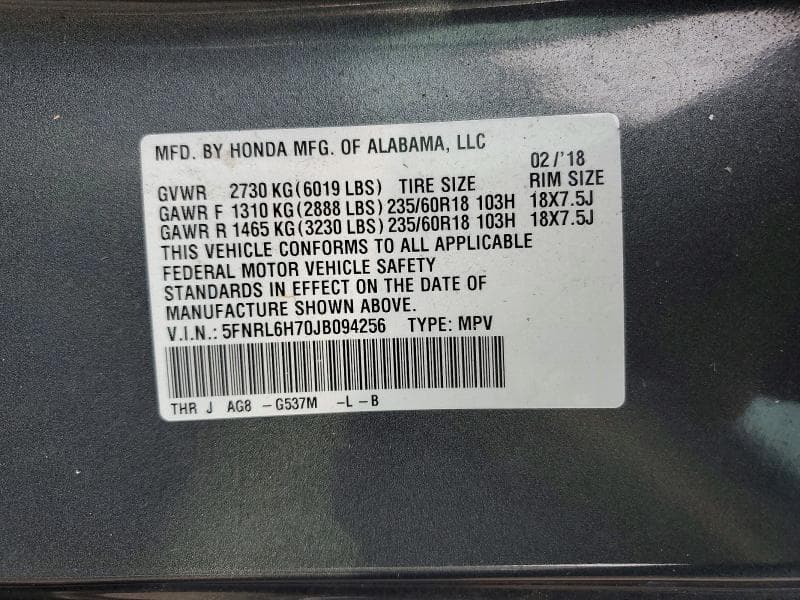2018 HONDA ODYSSEY EXL 14