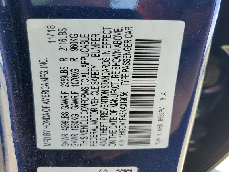 2019 HONDA ACCORD 12