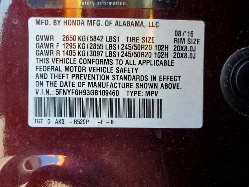 2016 HONDA PILOT TOURING 13