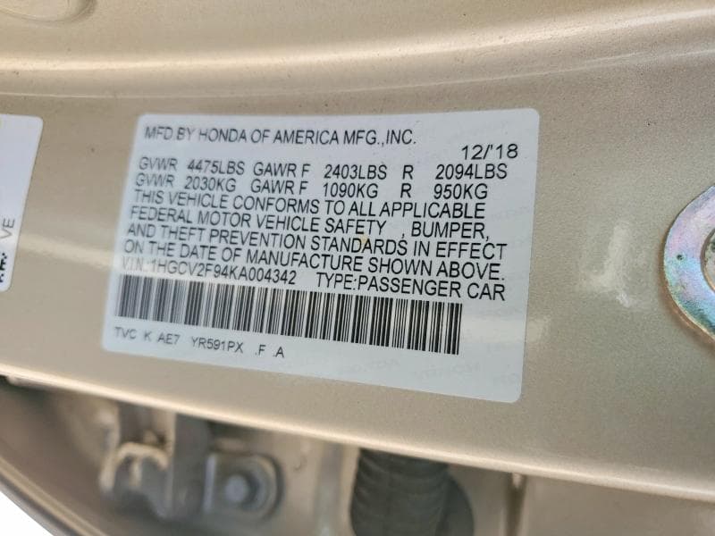 2019 HONDA ACCORD TOURING 12