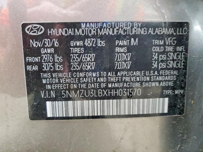 2017 HYUNDAI SANTA FE SPORT 2.4L 2.4L 13
