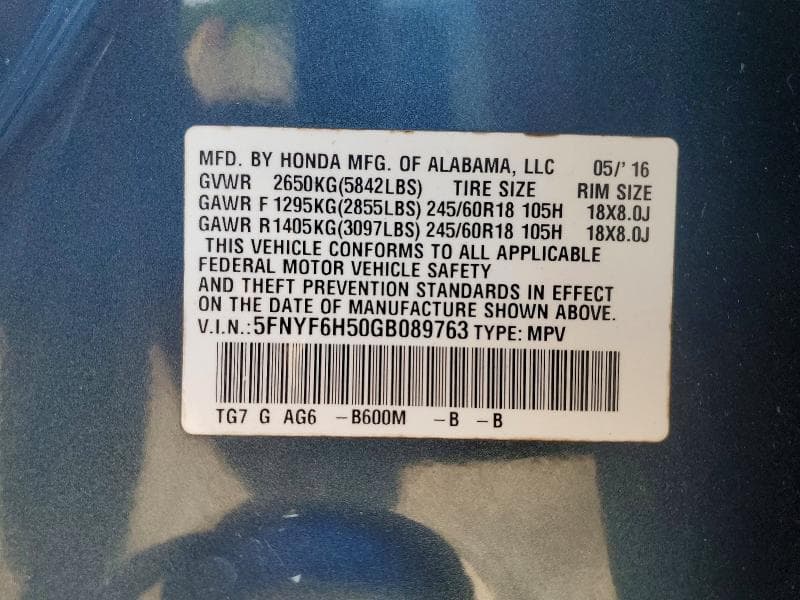 2016 HONDA PILOT EXL 14