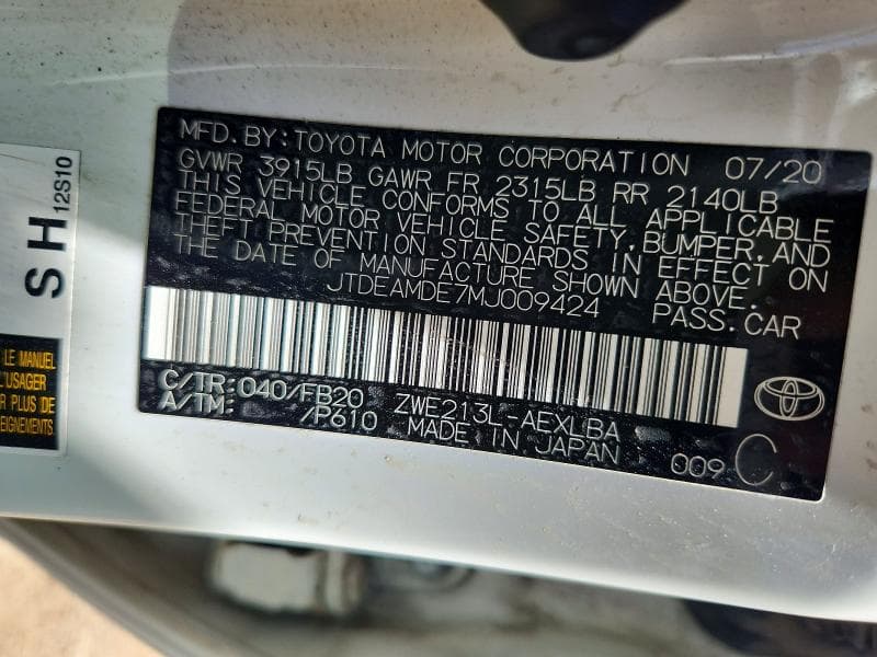 2021 TOYOTA COROLLA LE LE 12