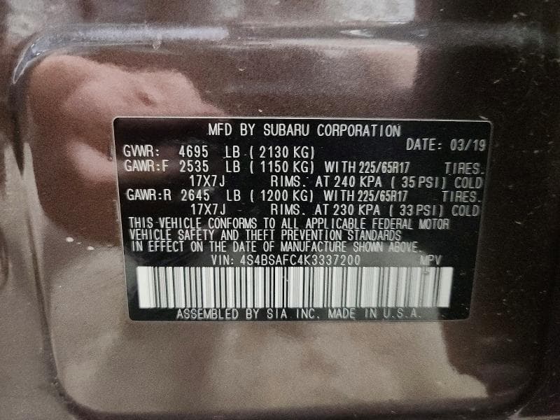 2019 SUBARU OUTBACK 2.5I PREMIUM 13