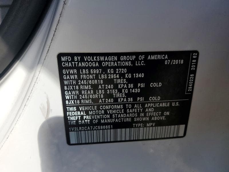 2018 VOLKSWAGEN ATLAS SE SE 12