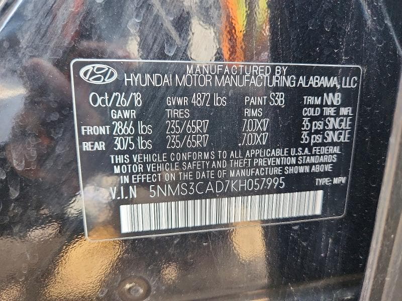 2019 HYUNDAI SANTA FE SEL 2.4L SEL 2.4L 12